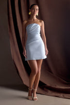 Leslie Gathered Taffeta Mini Dress in Frosted Blue – Chic&Drifts