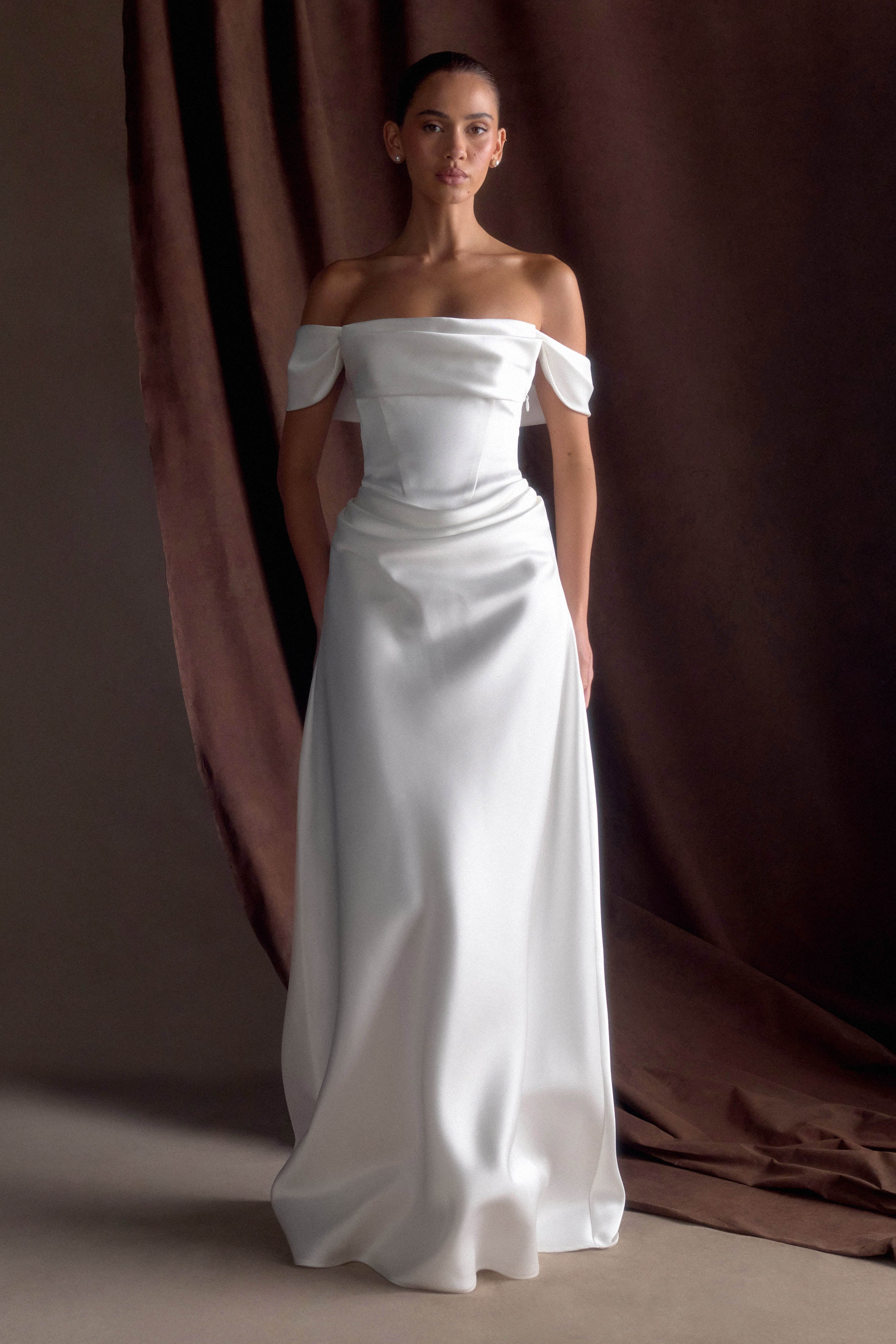 Luna Satin Off Shoulder Gown in White – Chic&Drifts