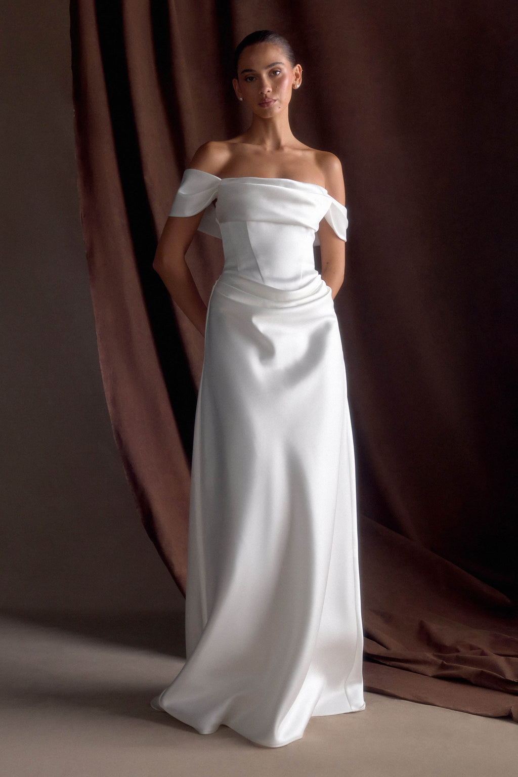 Luna Satin Off Shoulder Gown in White – Chic&Drifts