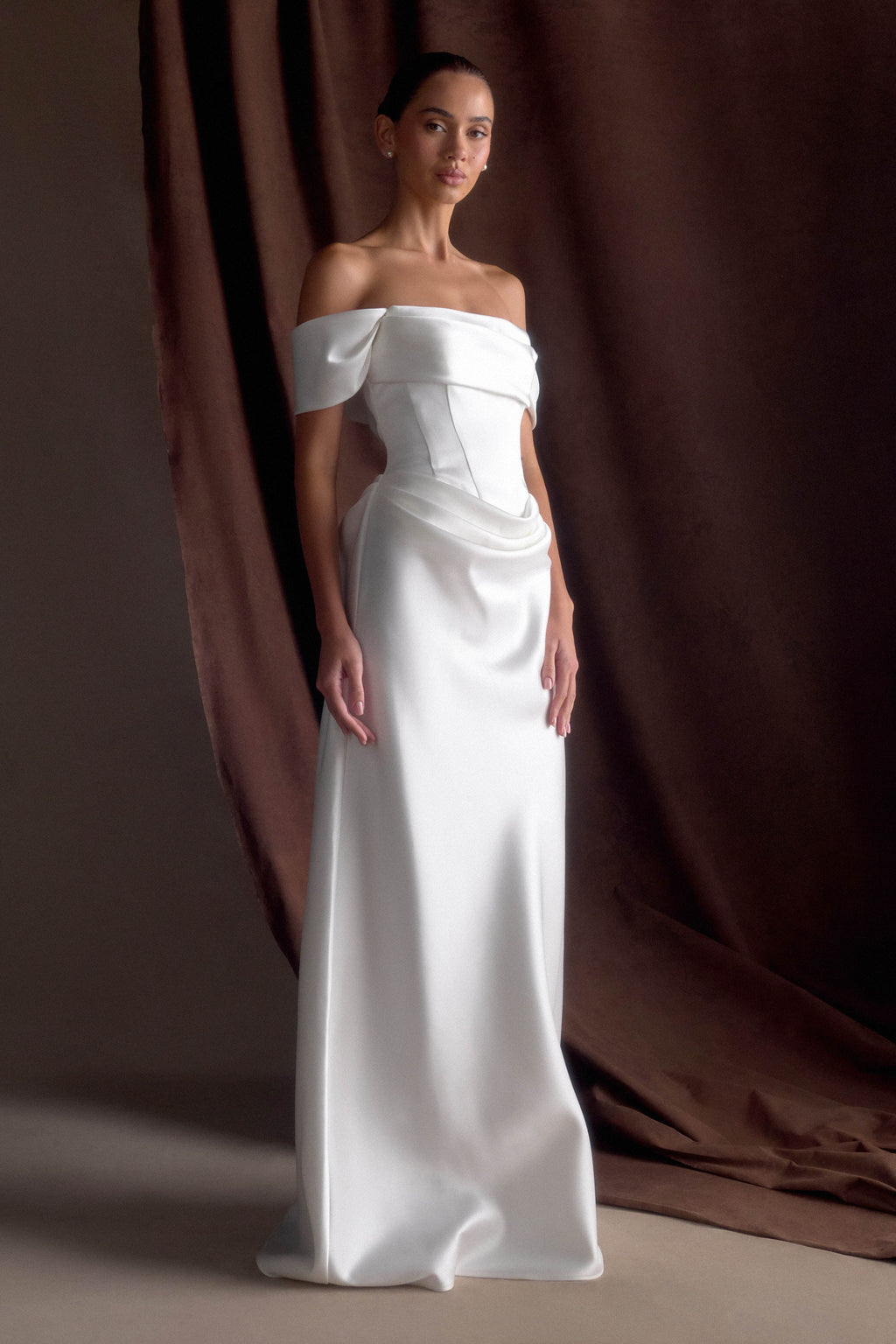 Luna Satin Off Shoulder Gown in White – Chic&Drifts