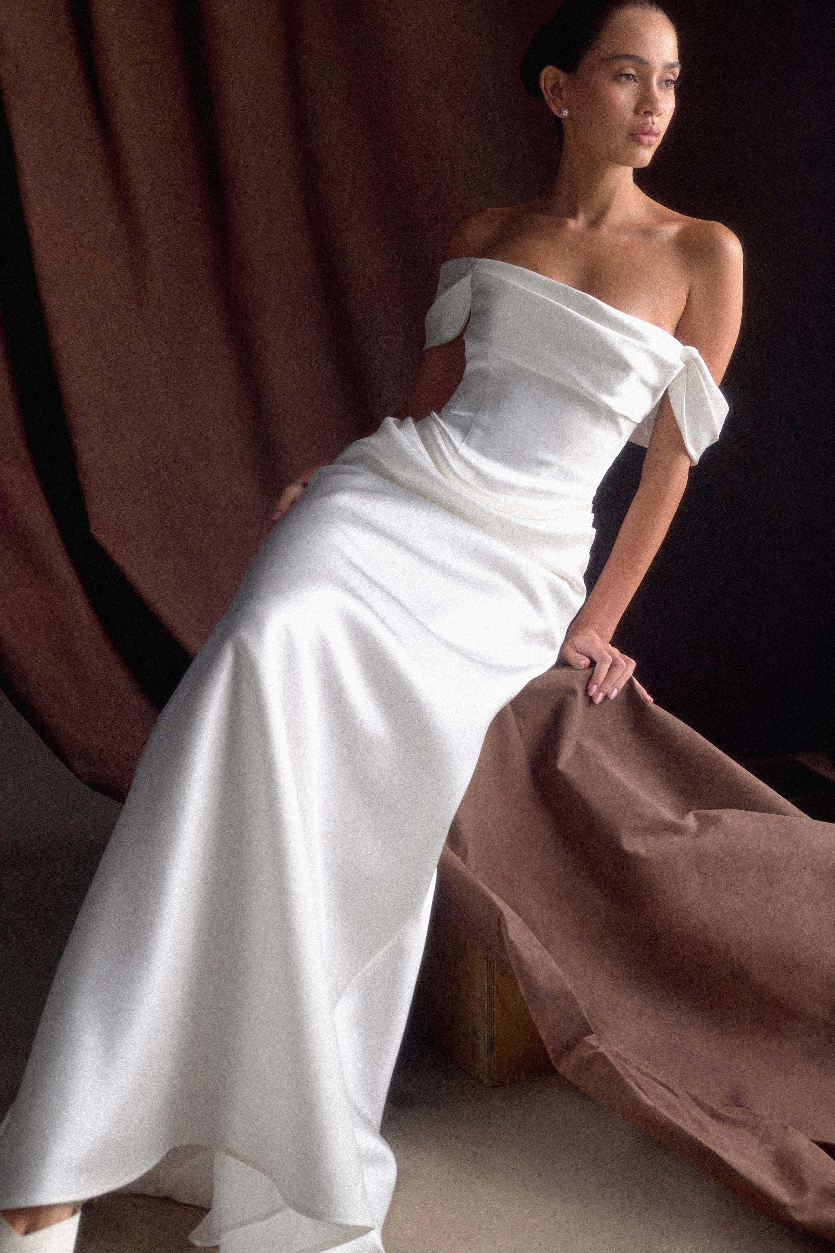 Luna Satin Off Shoulder Gown in White – Chic&Drifts