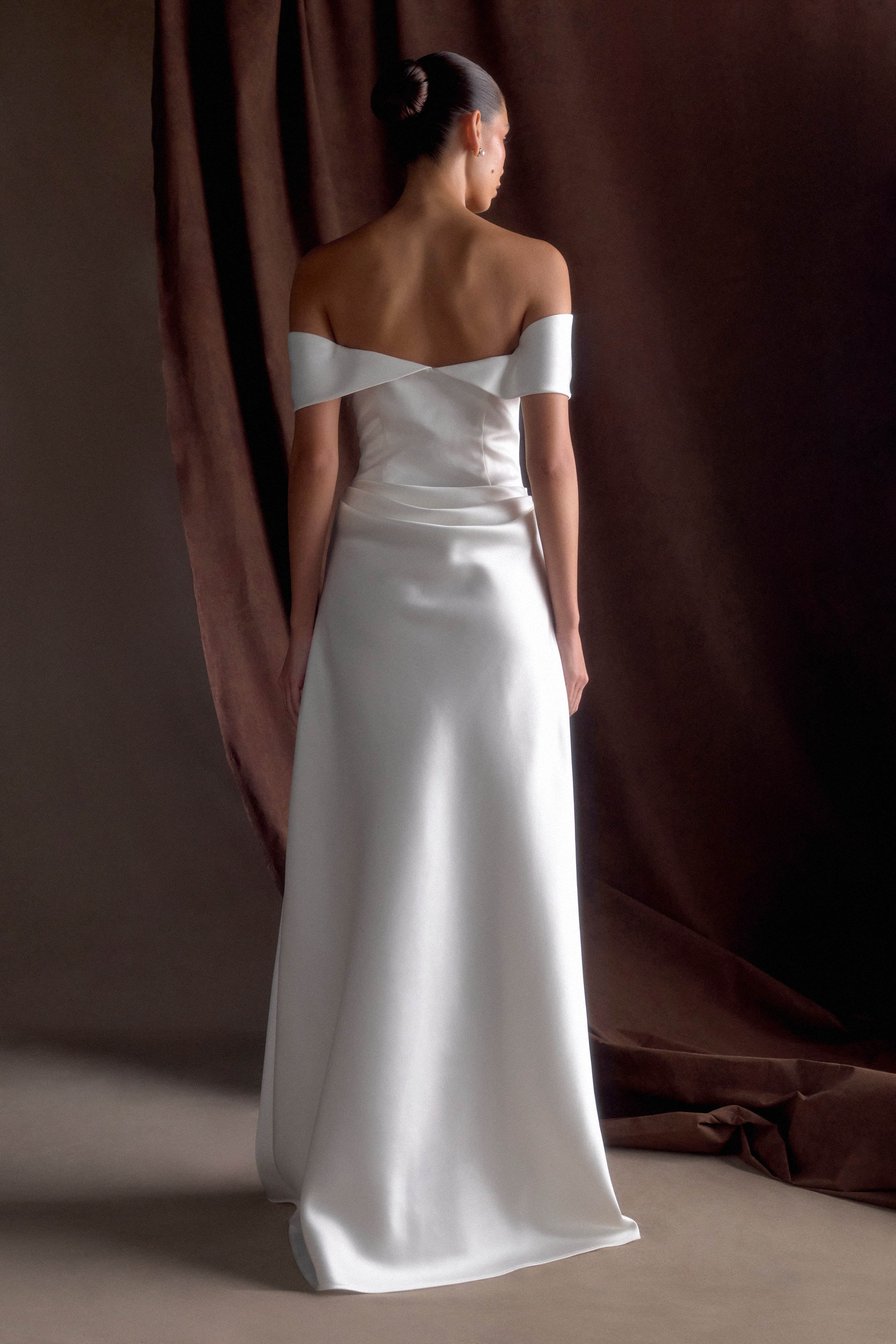 Luna Satin Off Shoulder Gown in White – Chic&Drifts