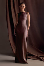 Violet Sleeveless Satin Maxi Dress in Dark Chocolate – Chic&Drifts