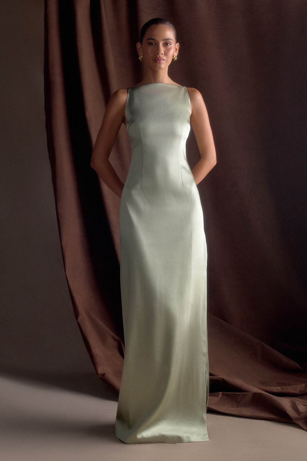 Violet Sleeveless Satin Maxi Dress in Sage – Chic&Drifts