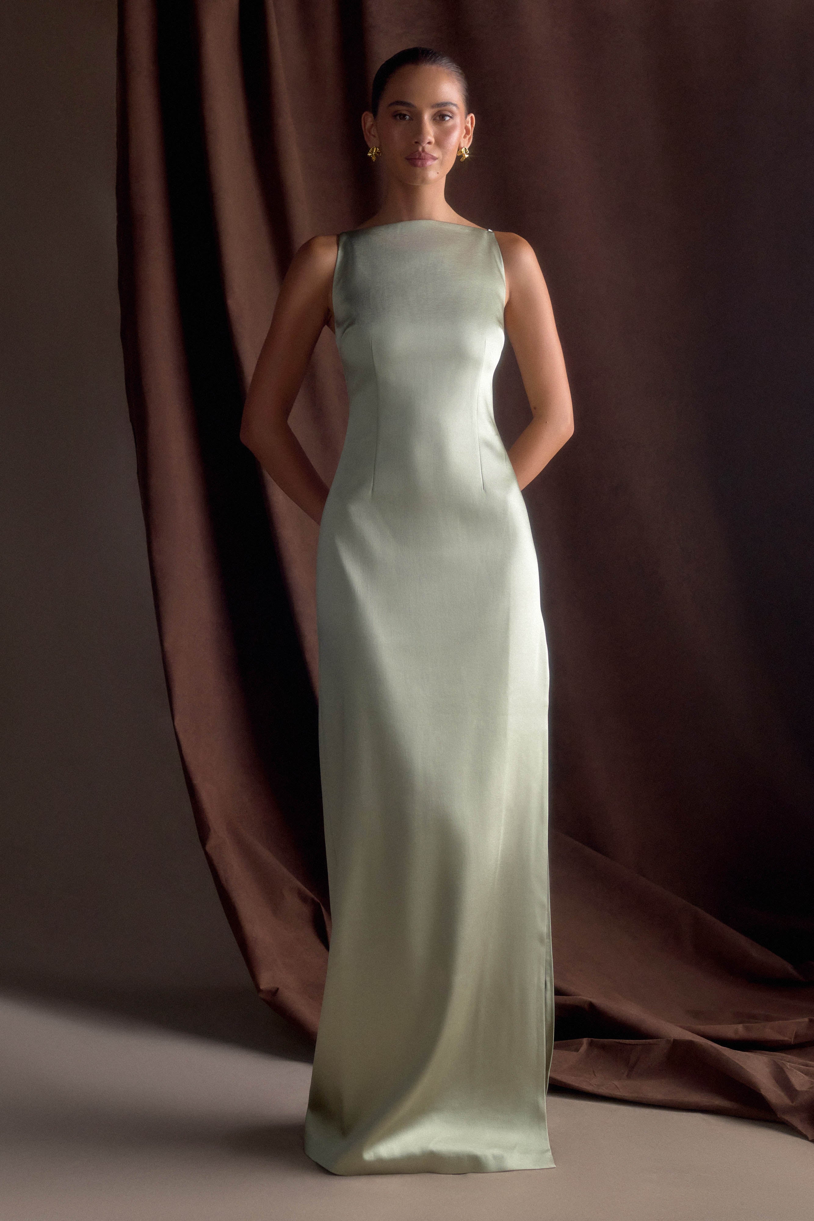 Violet Sleeveless Satin Maxi Dress in Sage – Chic&Drifts
