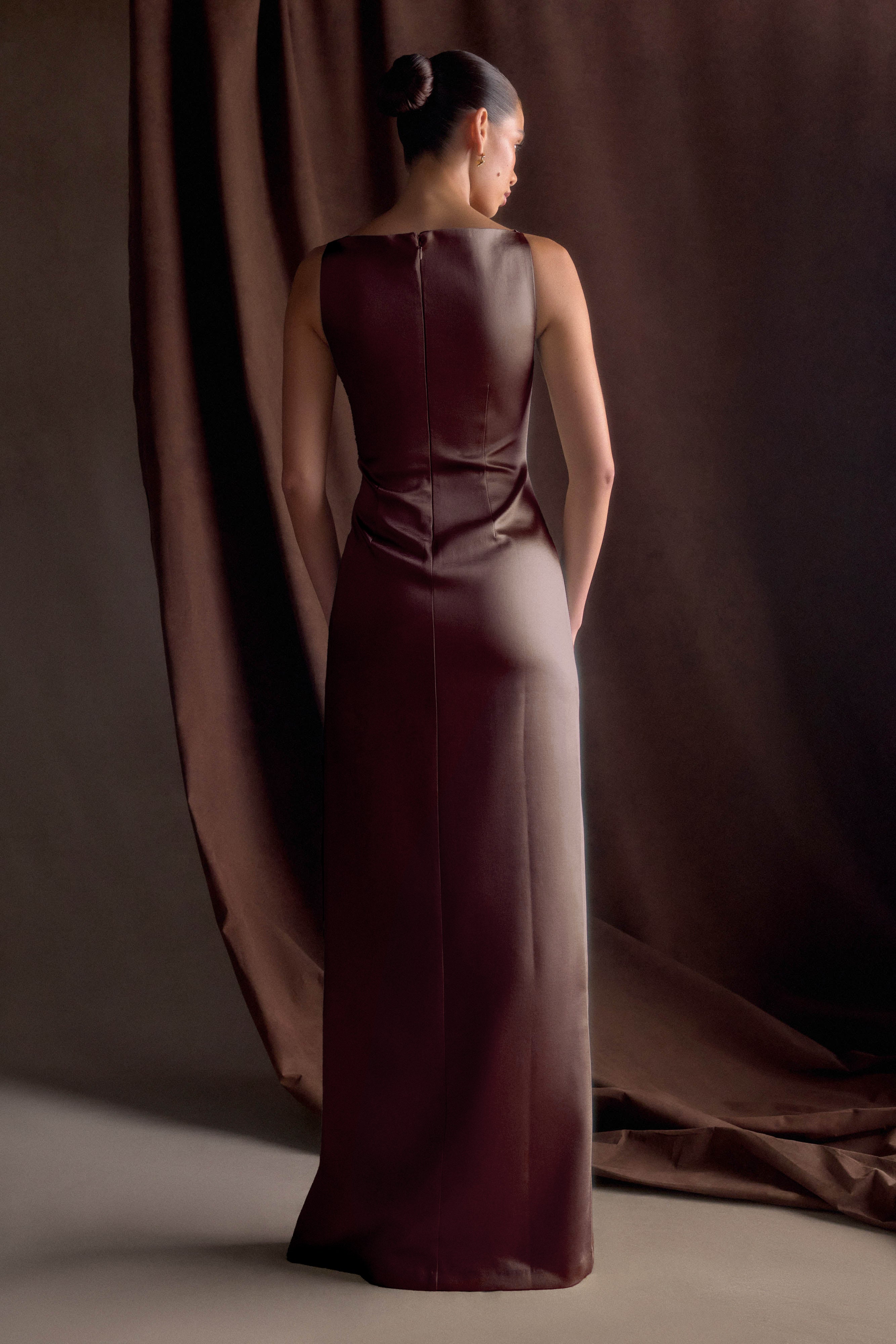 Violet Sleeveless Satin Maxi Dress in Dark Chocolate – Chic&Drifts