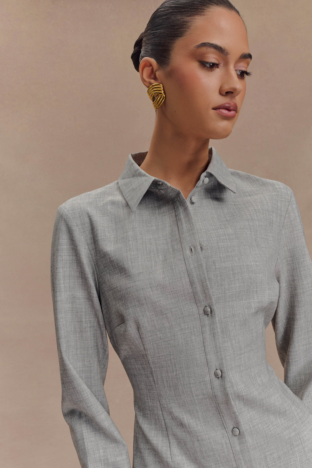 Dorian Fitted Shirt Mini Dress in Charcoal Marle – Chic&Drifts