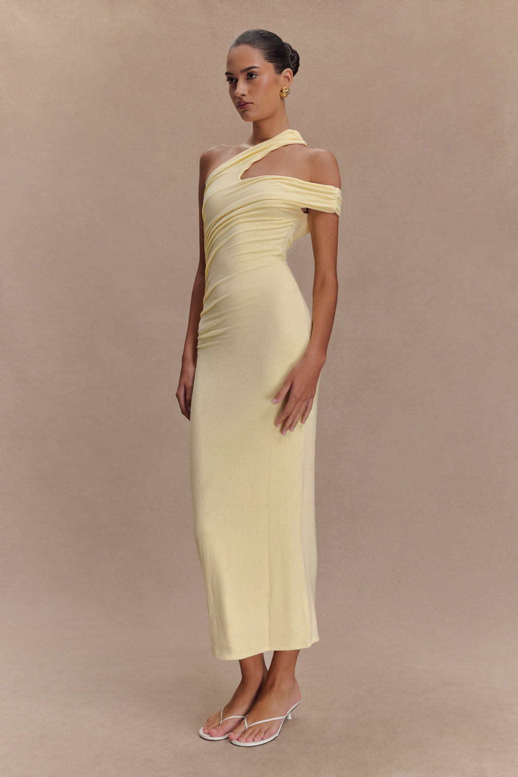 Anastasia One Shoulder Modal Midi Dress in Pale Lemon – Chic&Drifts