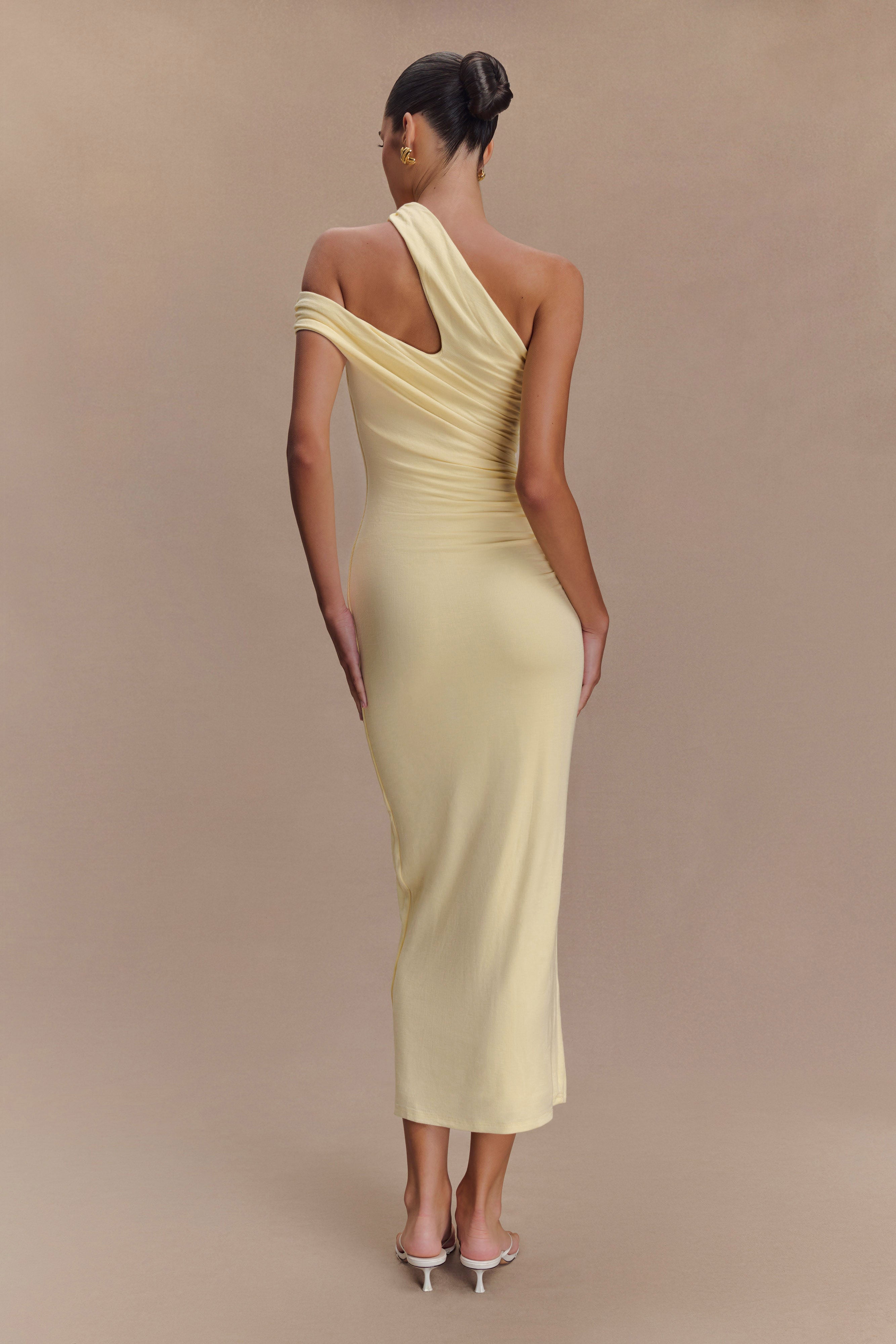 Anastasia One Shoulder Modal Midi Dress in Pale Lemon – Chic&Drifts