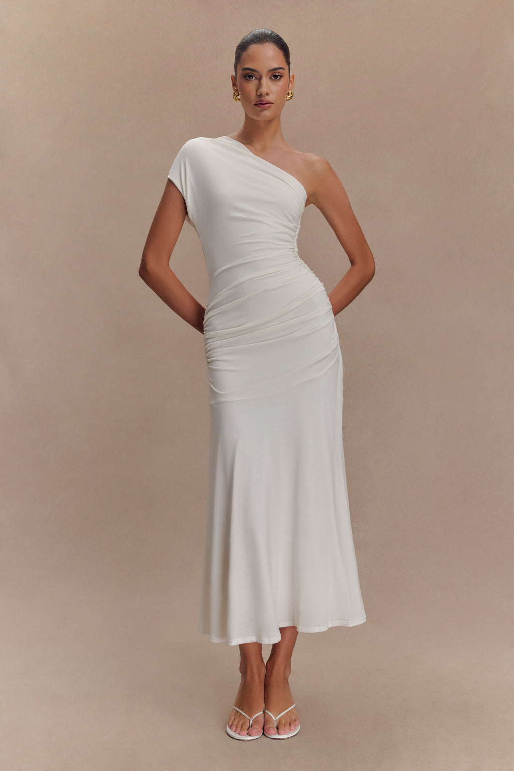 Chloe Peached Jersey One Shoulder Midi Dress in Ivory – Chic&Drifts