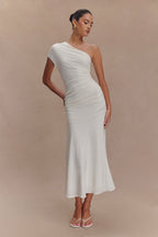 Chloe Peached Jersey One Shoulder Midi Dress in Ivory – Chic&Drifts