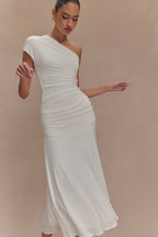Chloe Peached Jersey One Shoulder Midi Dress in Ivory – Chic&Drifts