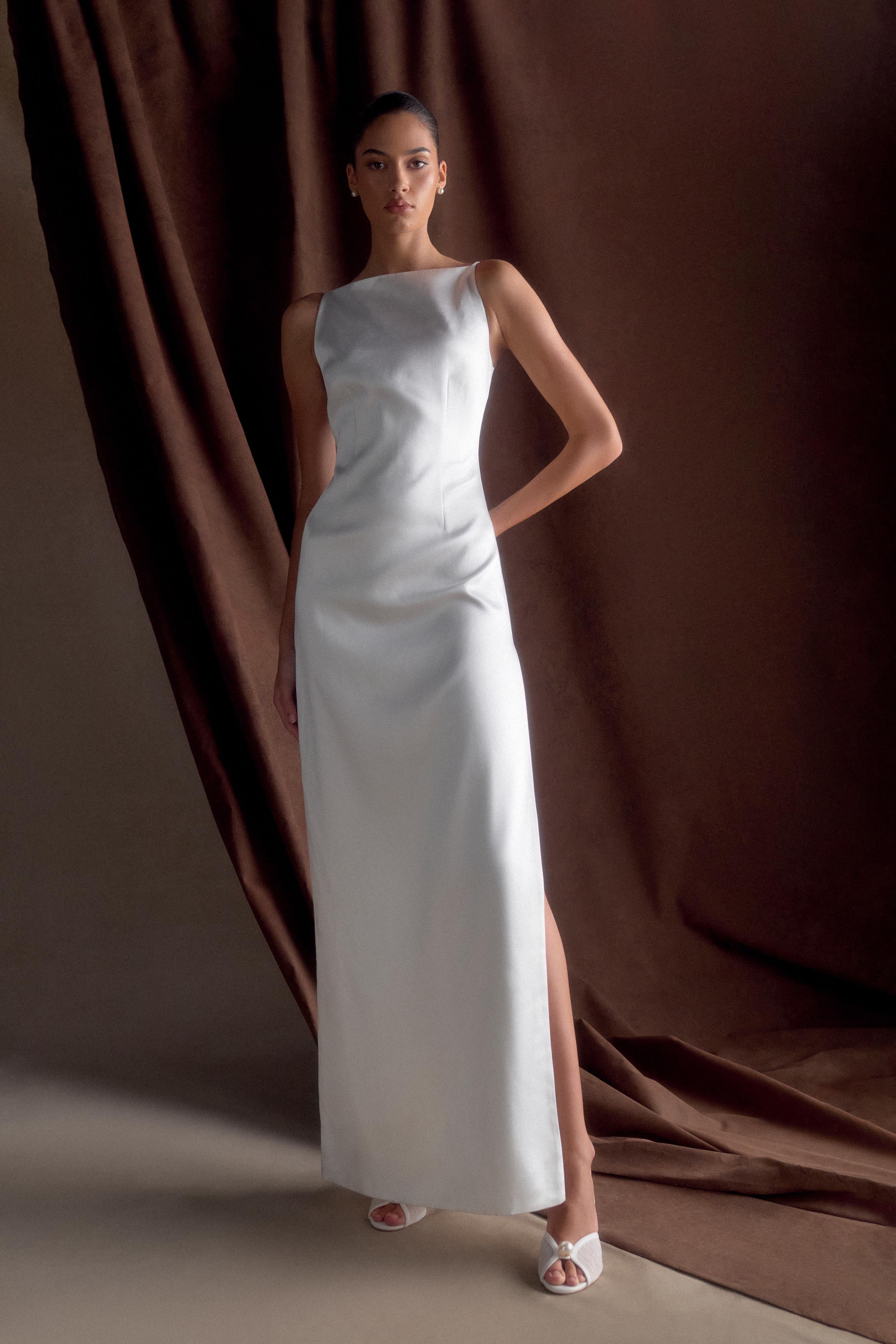 Violet Sleeveless Satin Maxi Dress in White – Chic&Drifts