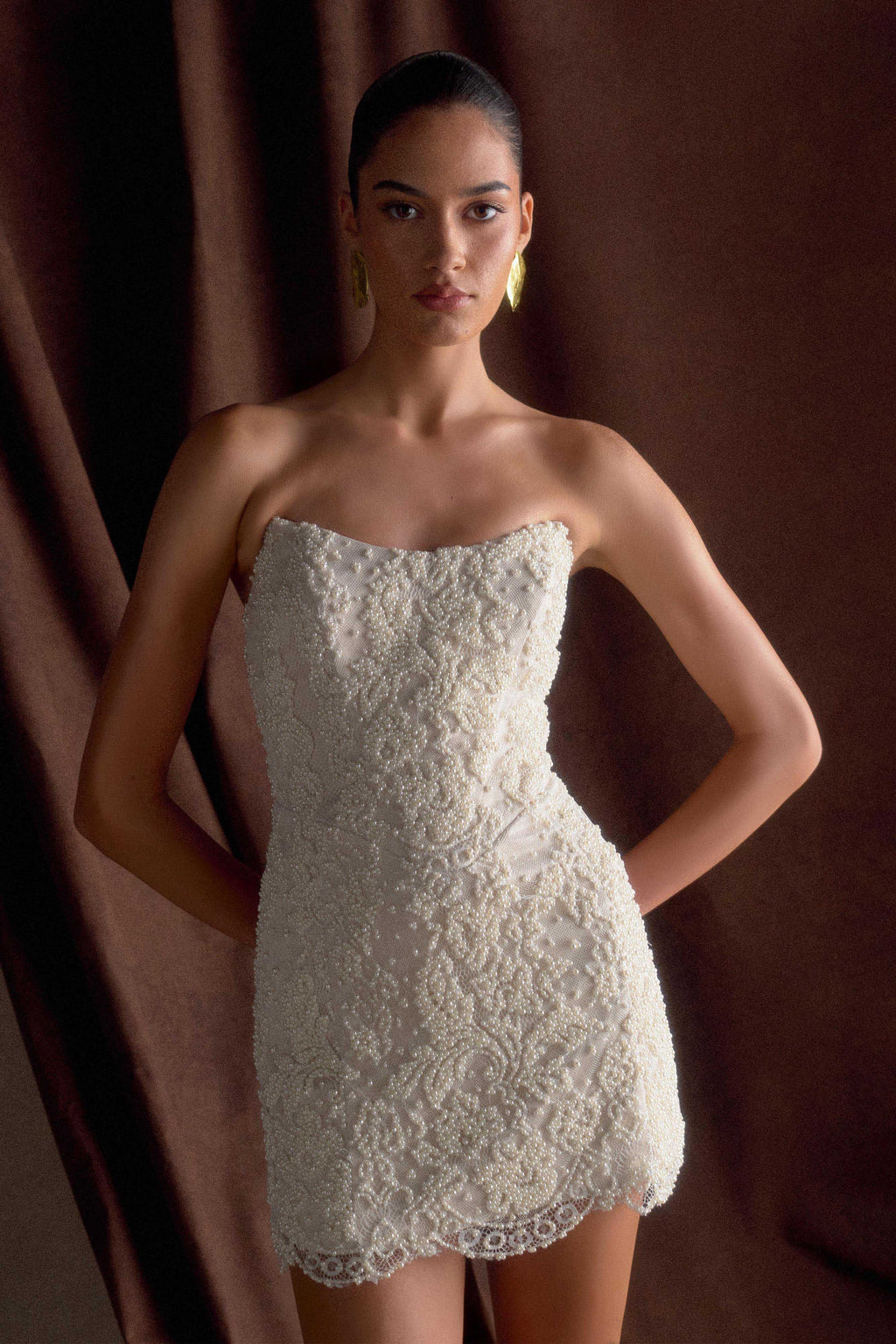 Eva Hand Beaded Pearl & Lace Mini Dress in White – Chic&Drifts
