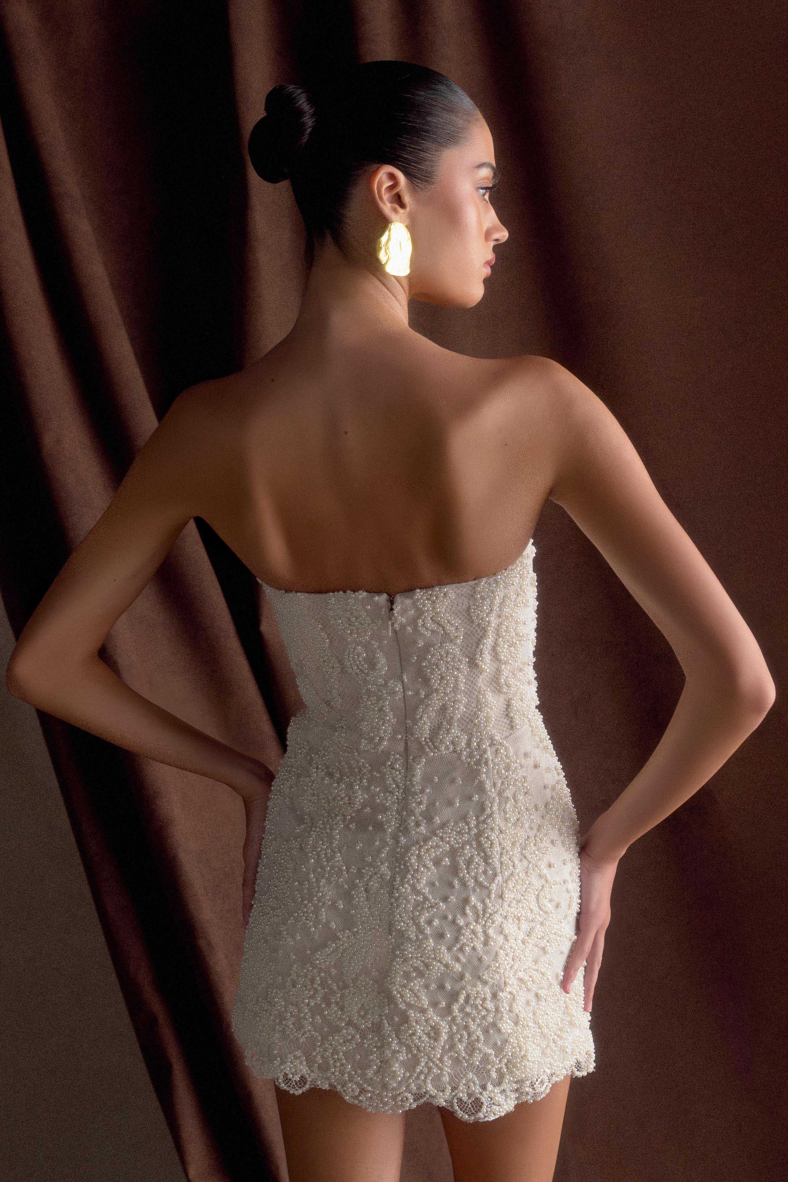 Eva Hand Beaded Pearl & Lace Mini Dress in White – Chic&Drifts