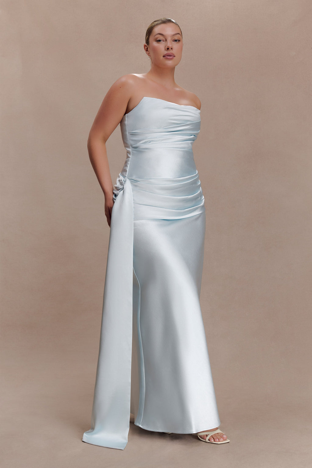 Sarah Strapless Maxi Dress With Waist Tie in Ice Blue – Chic&Drifts