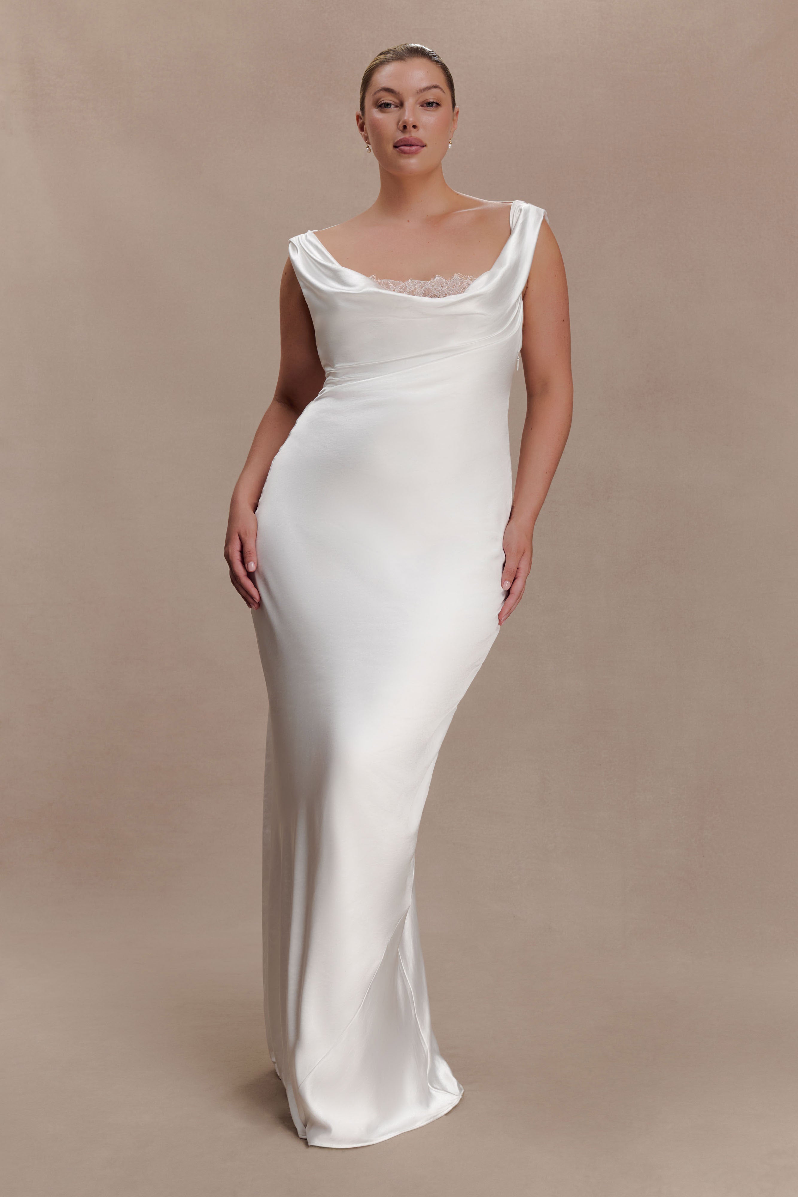 Ashley Cowl Neck Lace And Satin Maxi Dress