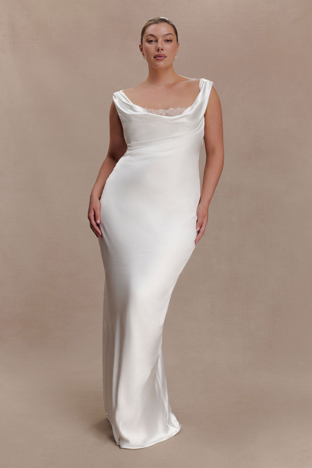 Ashley Cowl Neck Lace And Satin Maxi Dress in Ice Blue – Chic&Drifts