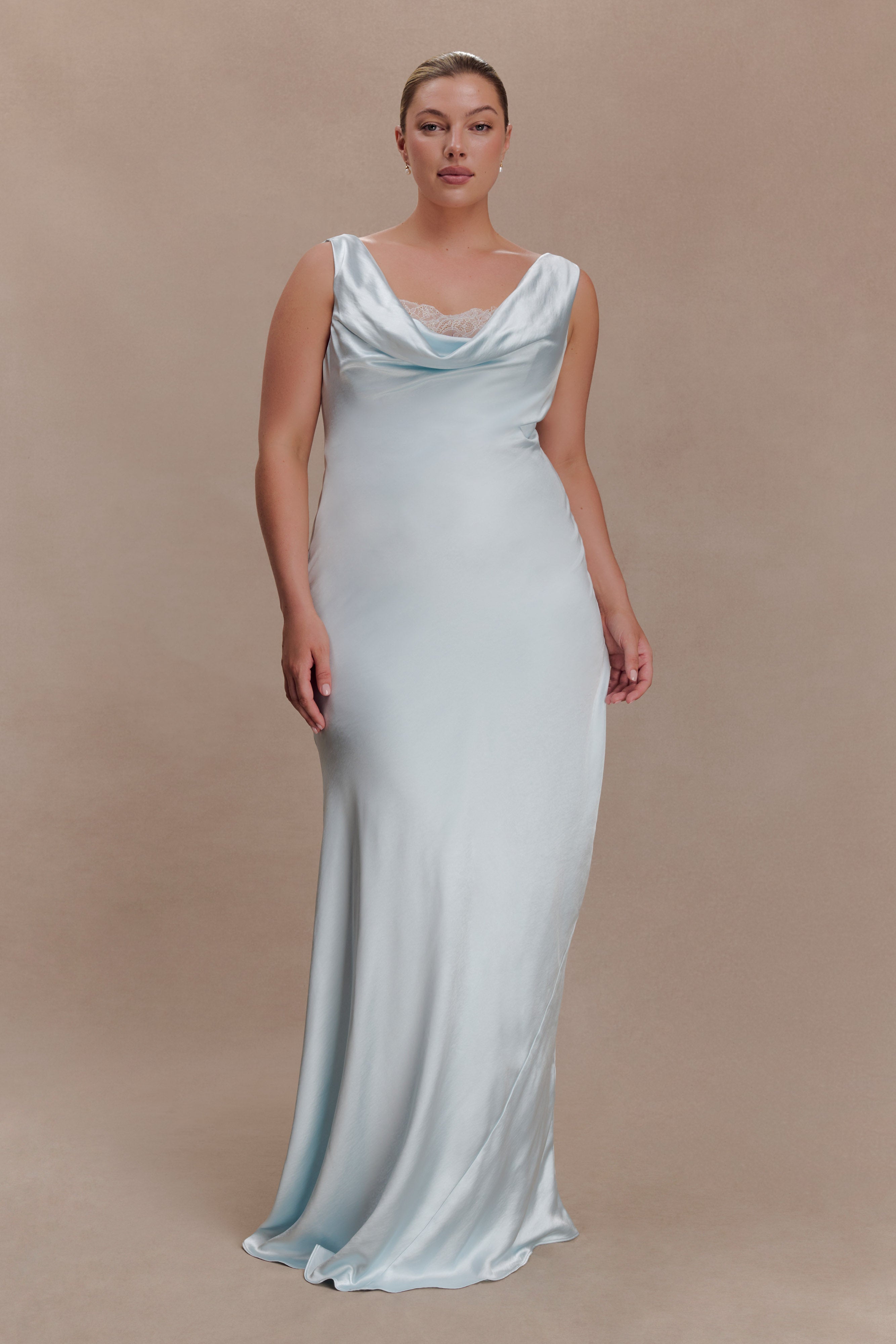Ashley Cowl Neck Lace And Satin Maxi Dress