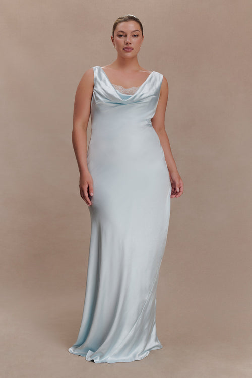 Ashley Cowl Neck Lace And Satin Maxi Dress