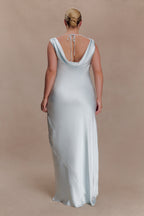 Ashley Cowl Neck Lace And Satin Maxi Dress in Ice Blue – Chic&Drifts