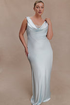 Ashley Cowl Neck Lace And Satin Maxi Dress in Ice Blue – Chic&Drifts