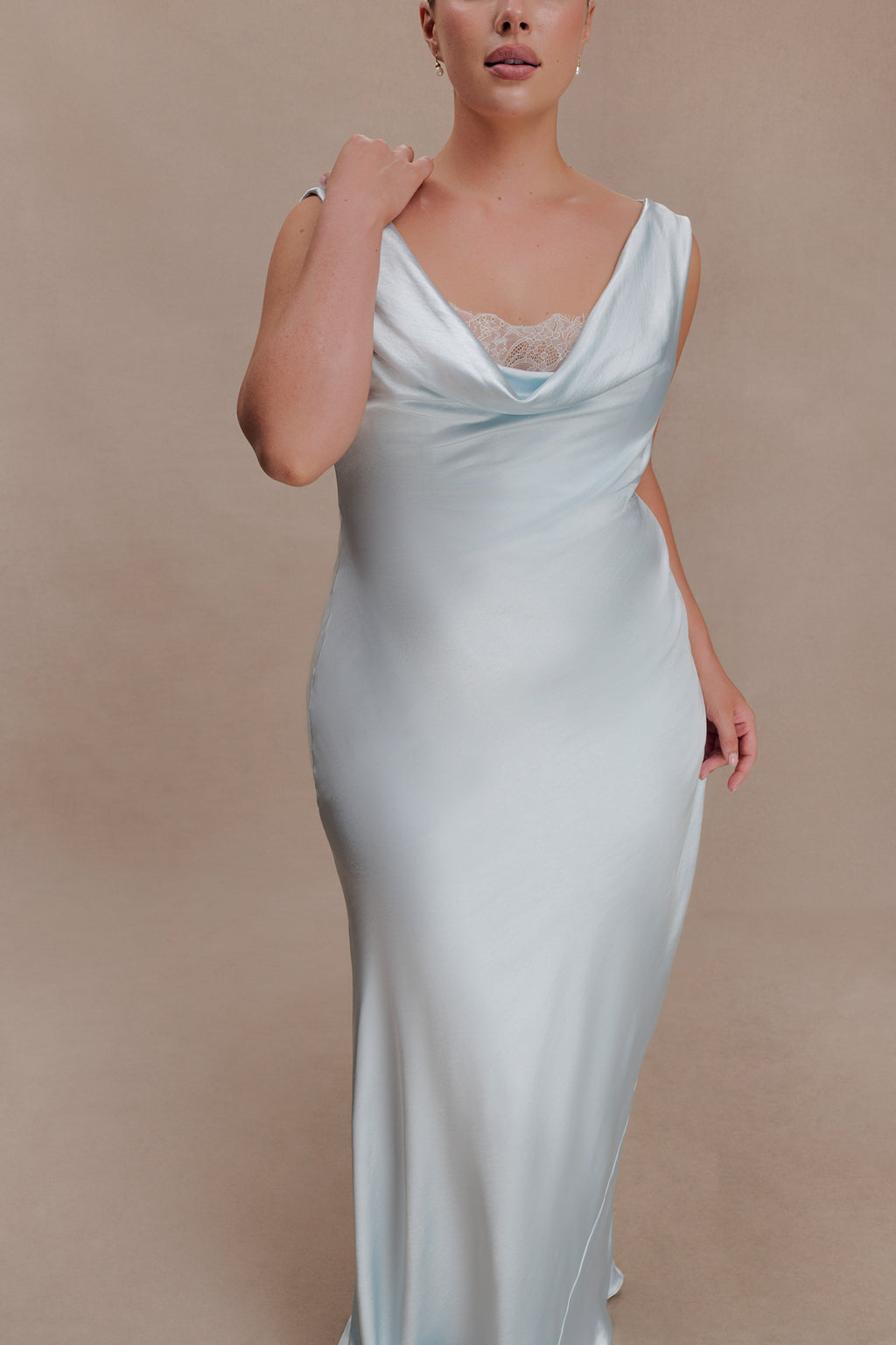 Ashley Cowl Neck Lace And Satin Maxi Dress in Ice Blue – Chic&Drifts