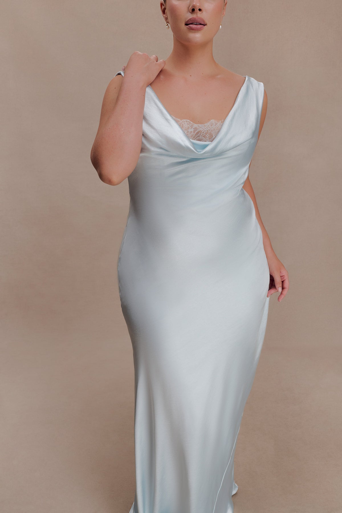 Ashley Cowl Neck Lace And Satin Maxi Dress in Ice Blue – Chic&Drifts