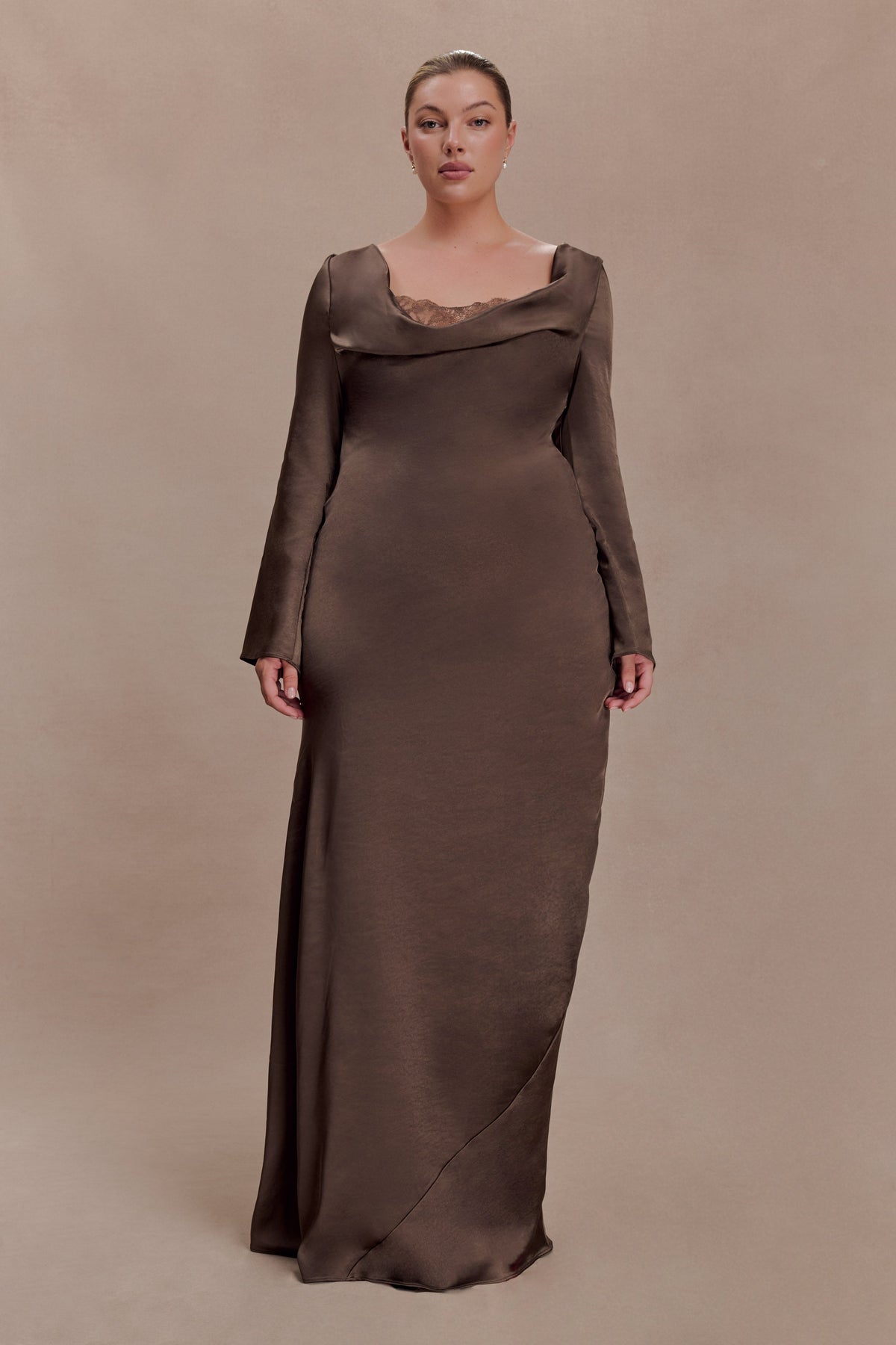 Eliza Long Sleeve Cowl Lace And Satin Maxi Dress in Ivory – Chic&Drifts