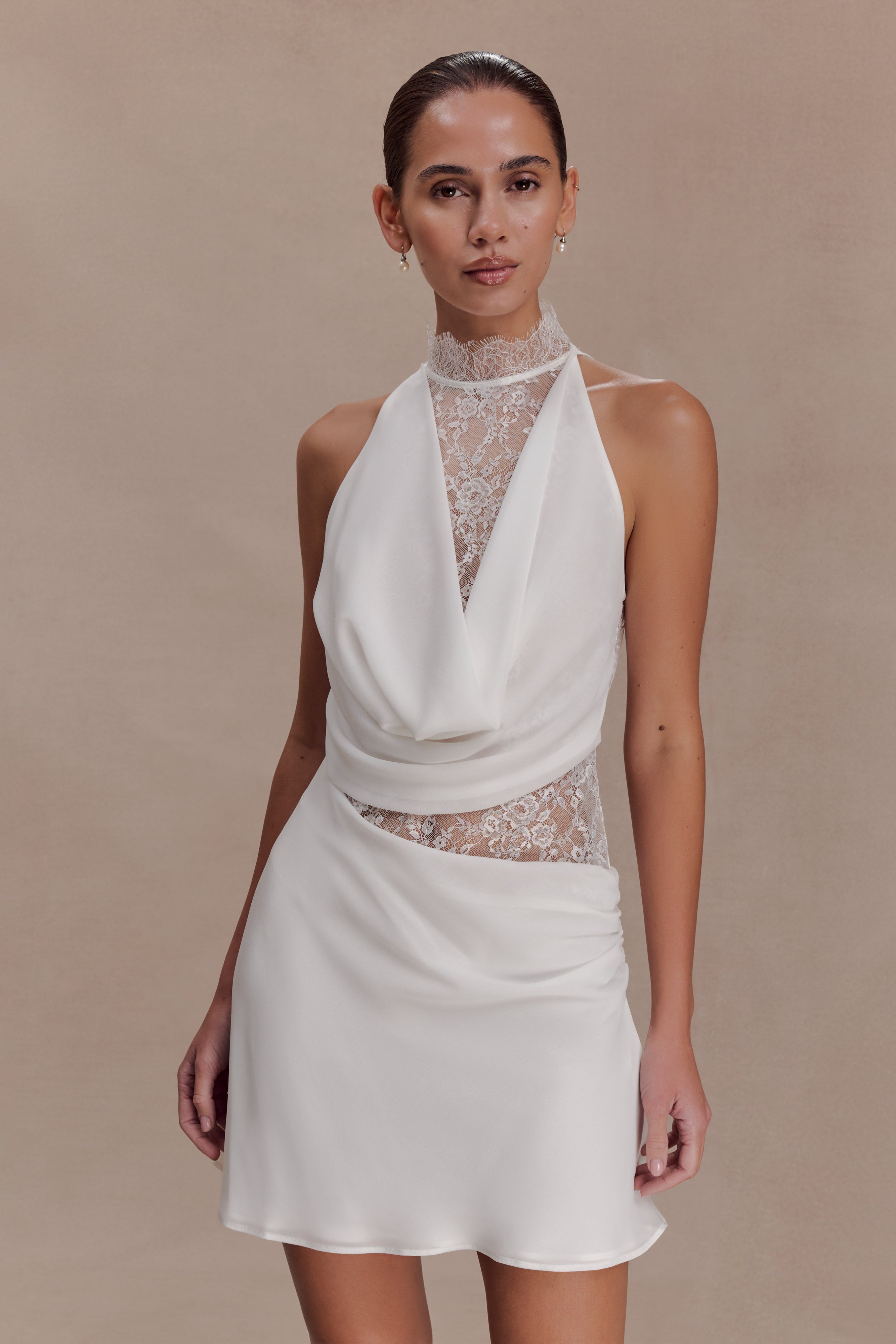 Arra Chiffon And Lace Halter Mini Dress