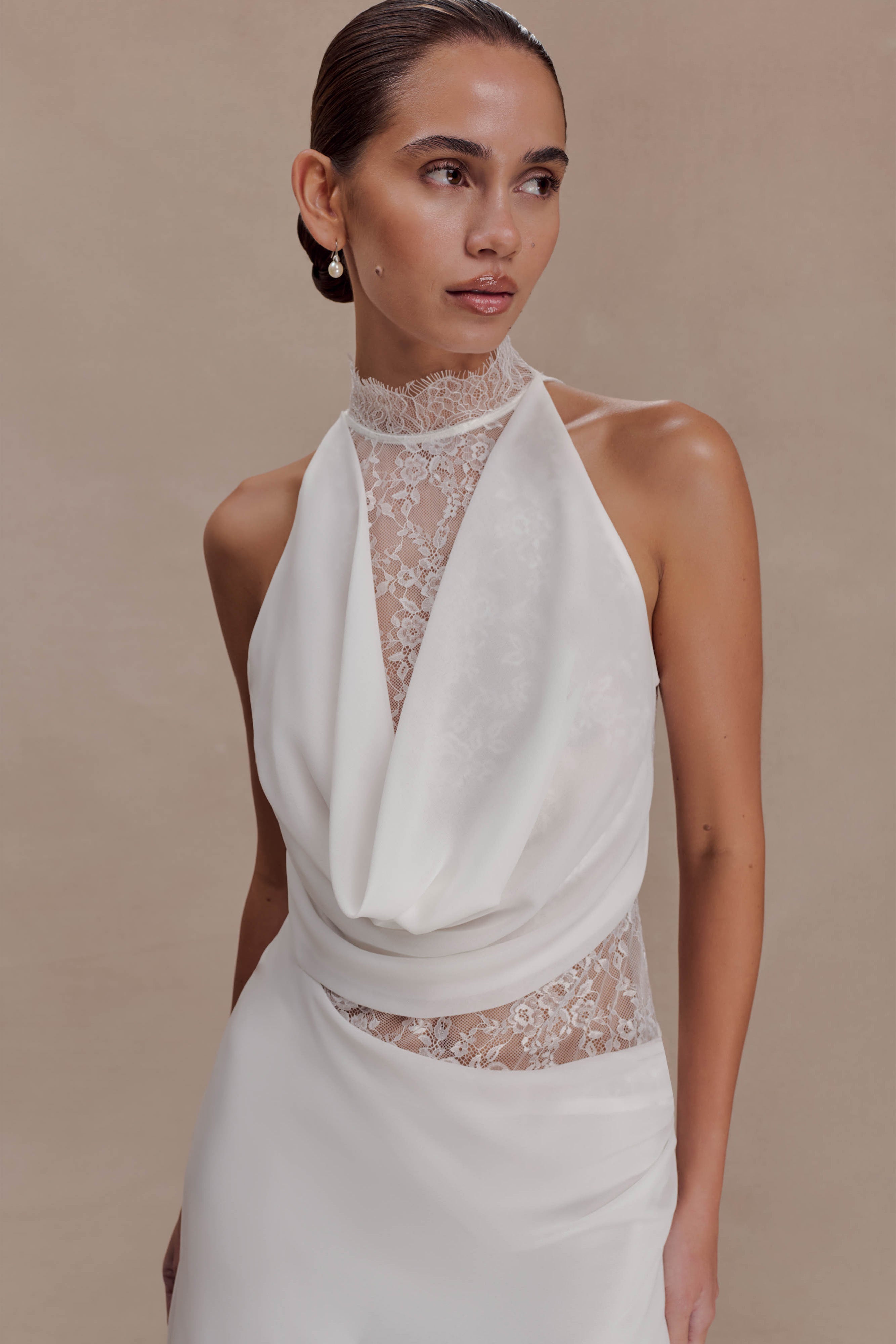 Arra Chiffon And Lace Halter Mini Dress