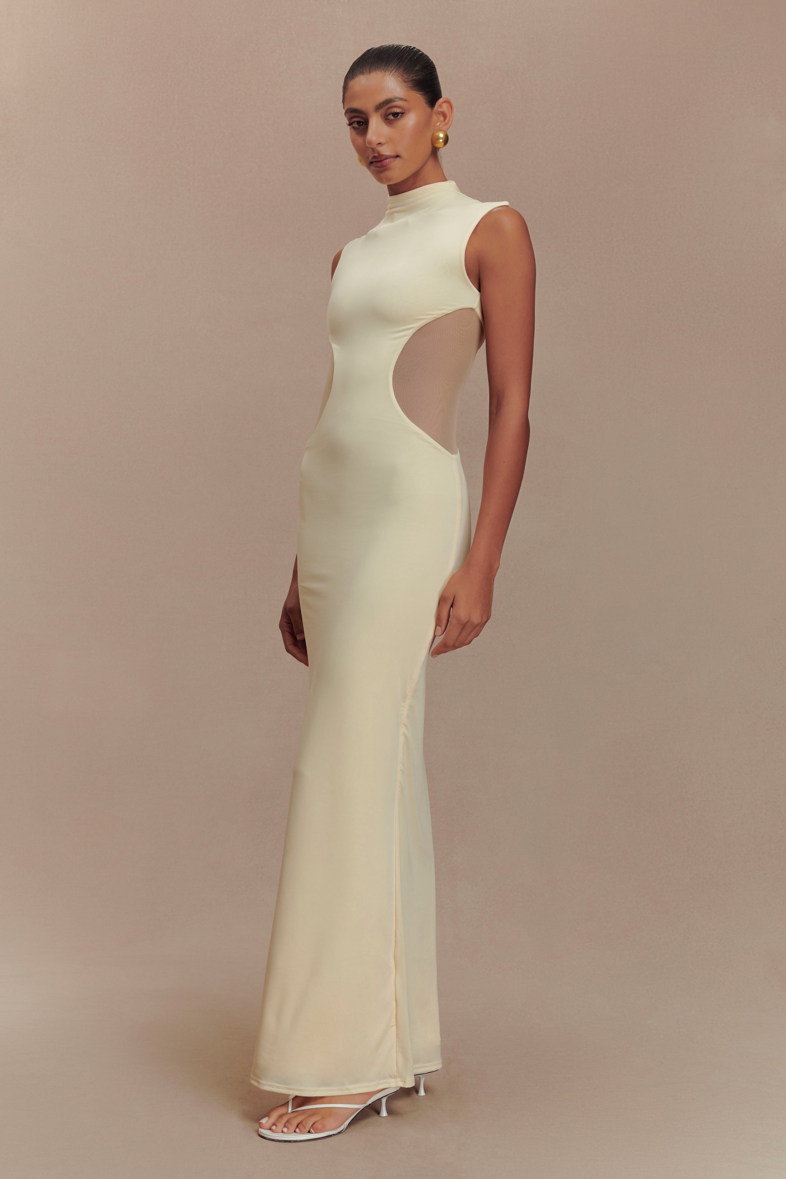 Massie Slinky And Mesh Maxi Dress in Lemon – Chic&Drifts