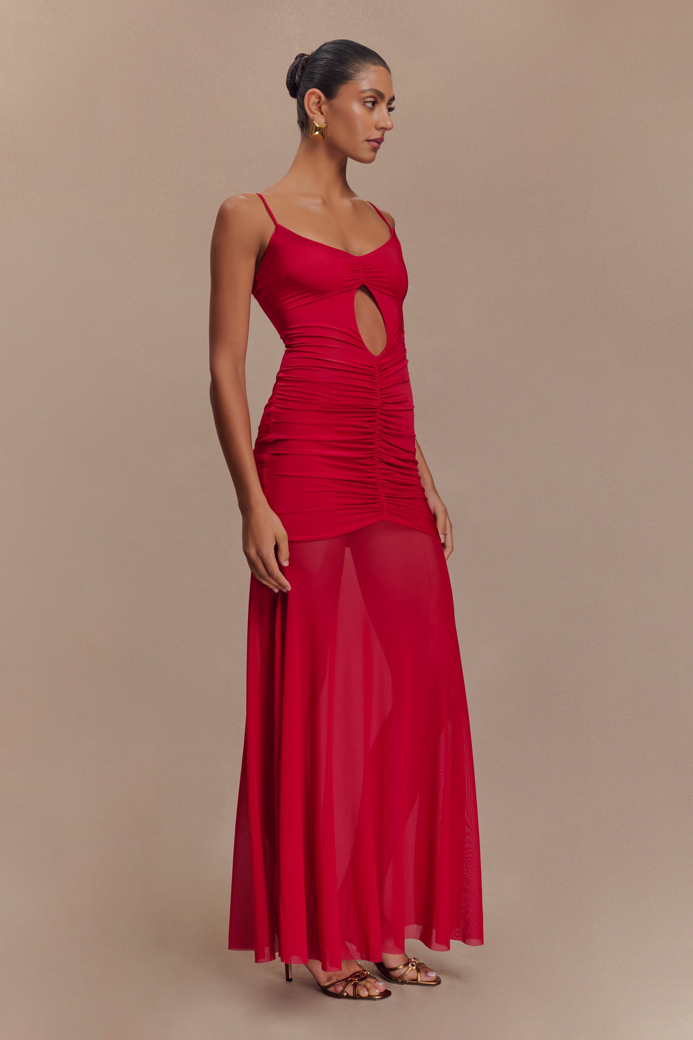 Delaney Slinky And Mesh Maxi Dress in Red – Chic&Drifts