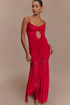 Delaney Slinky And Mesh Maxi Dress in Red – Chic&Drifts