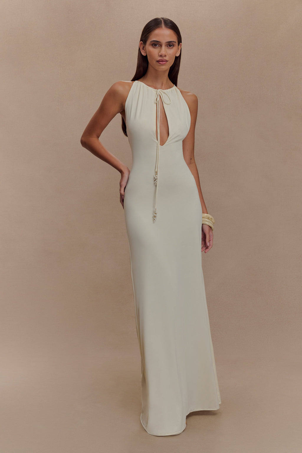 Beryl Slinky Maxi Dress With Pearls in Ivory – Chic&Drifts