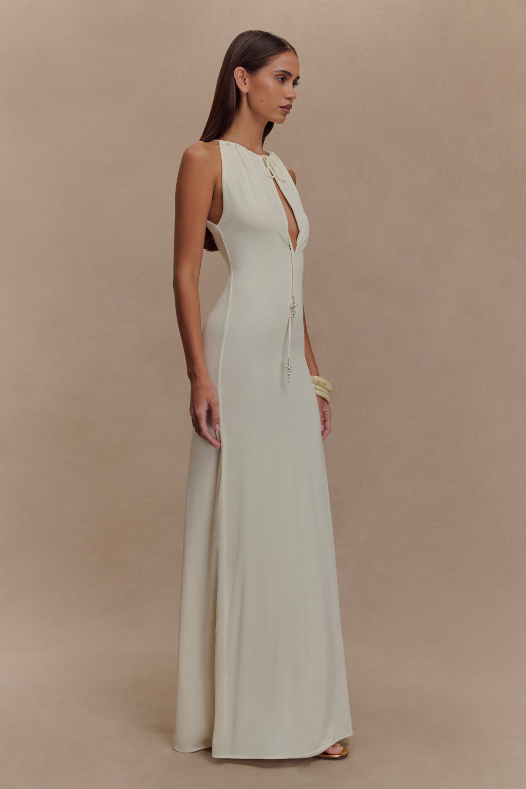 Beryl Slinky Maxi Dress With Pearls in Ivory – Chic&Drifts