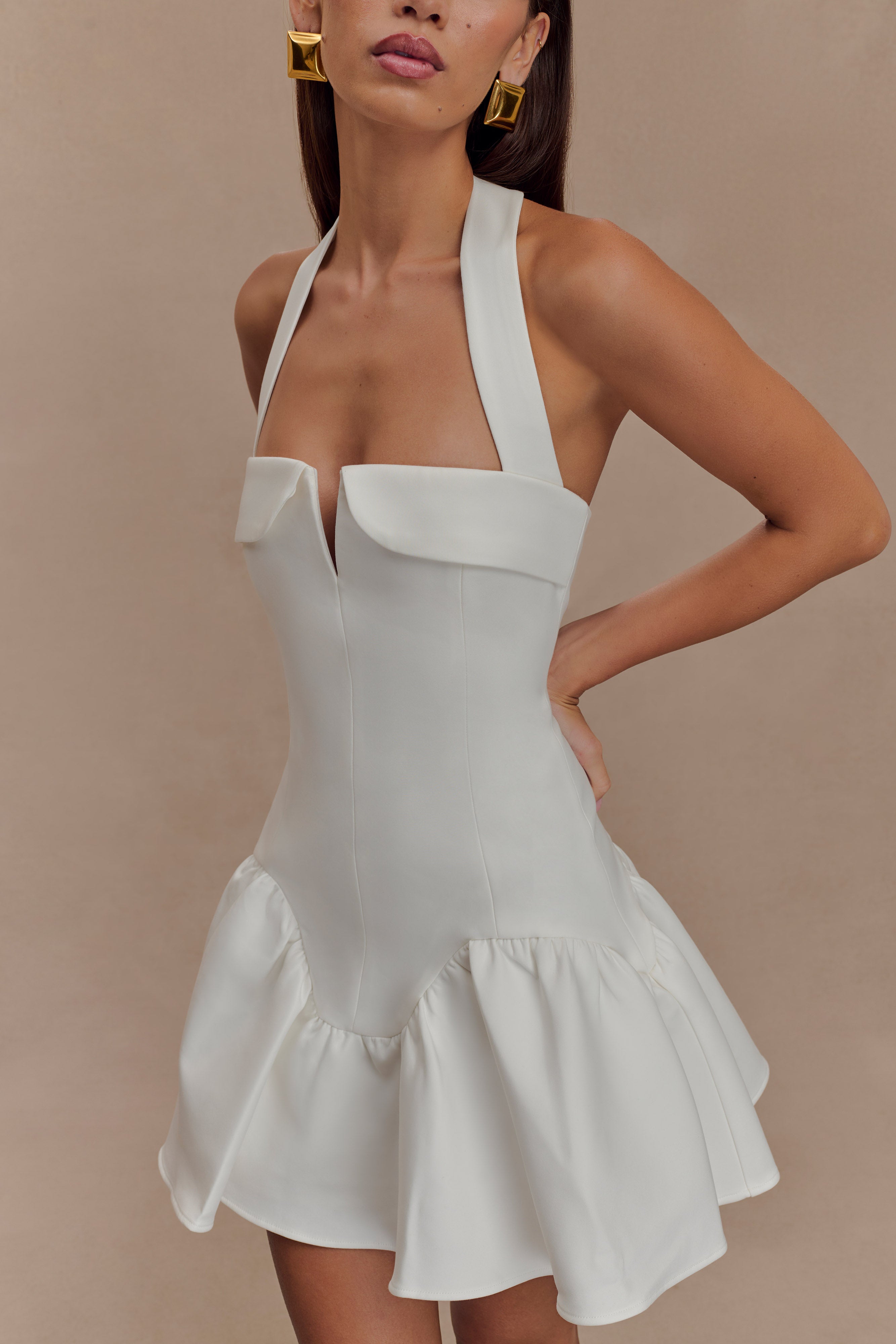 Calipso Halter Mini Dress in White – Chic&Drifts