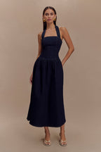 Caroline Denim Halter Midi Dress in Indigo Blue – Chic&Drifts