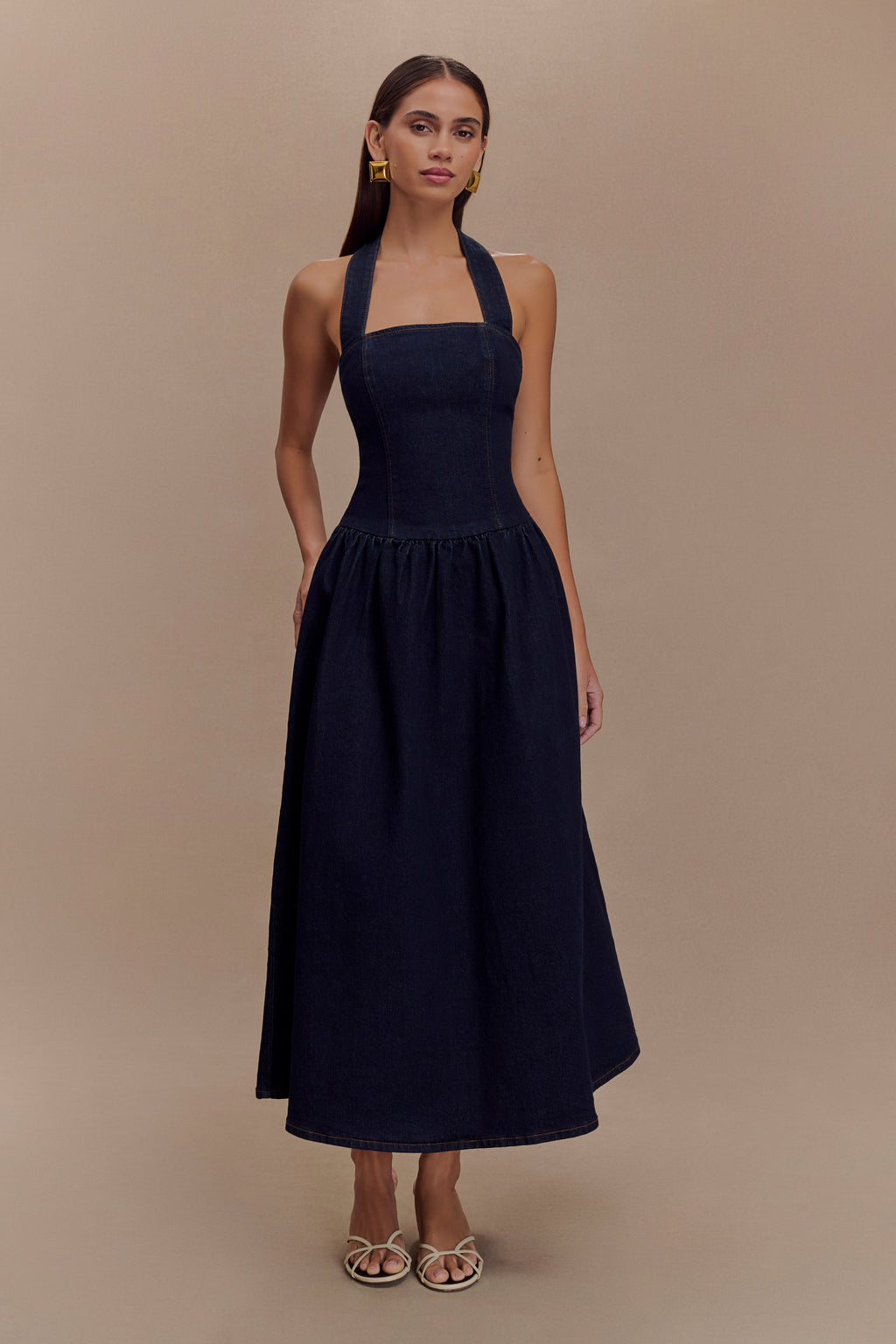 Caroline Denim Halter Midi Dress in Indigo Blue – Chic&Drifts
