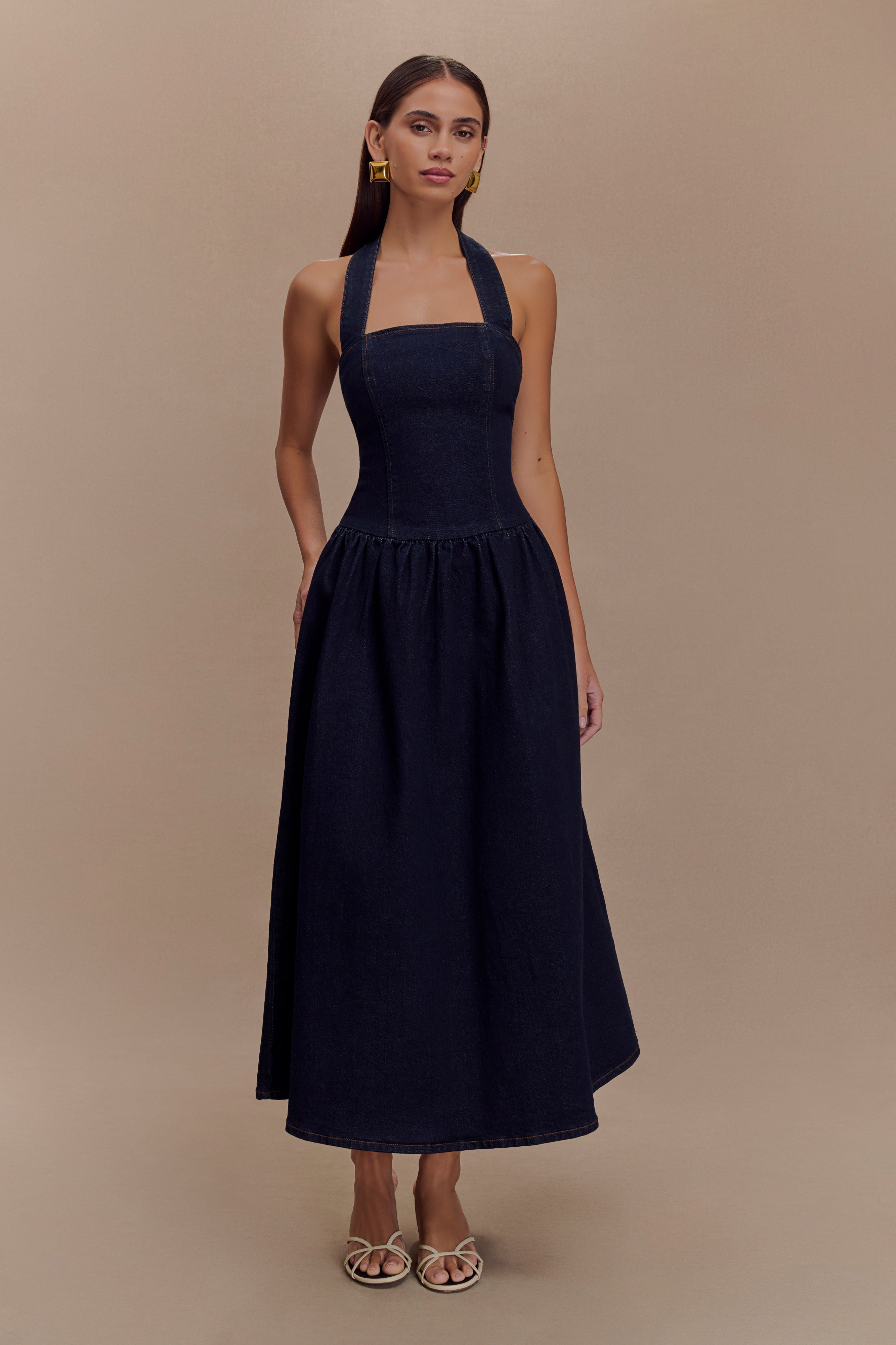 Caroline Denim Halter Midi Dress in Indigo Blue – Chic&Drifts