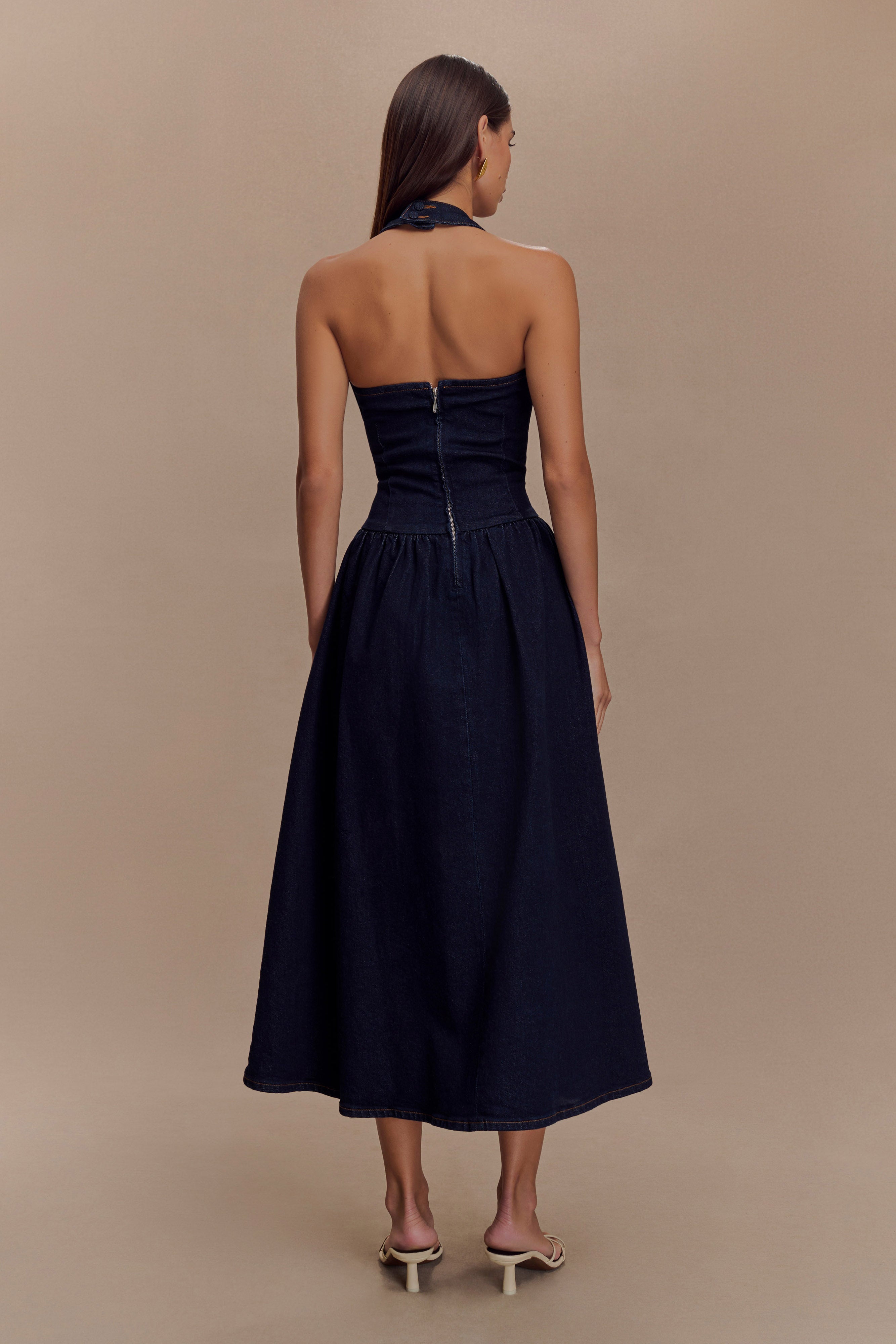 Caroline Denim Halter Midi Dress in Indigo Blue – Chic&Drifts