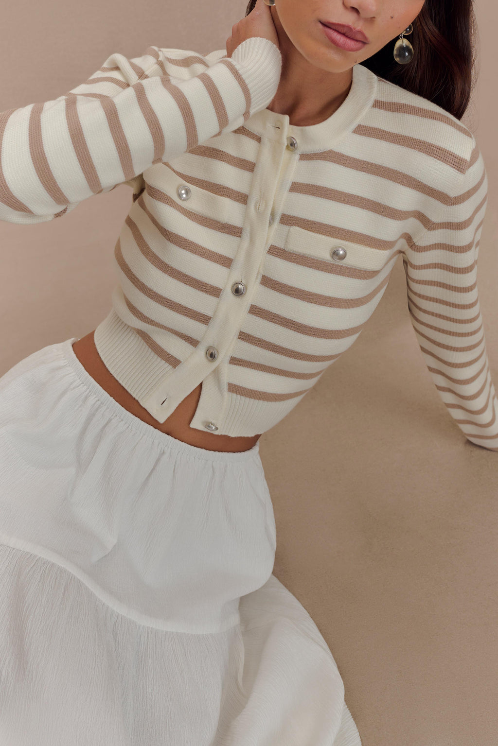 Tanner Striped Knit Cardigan in Nude/White – Chic&Drifts