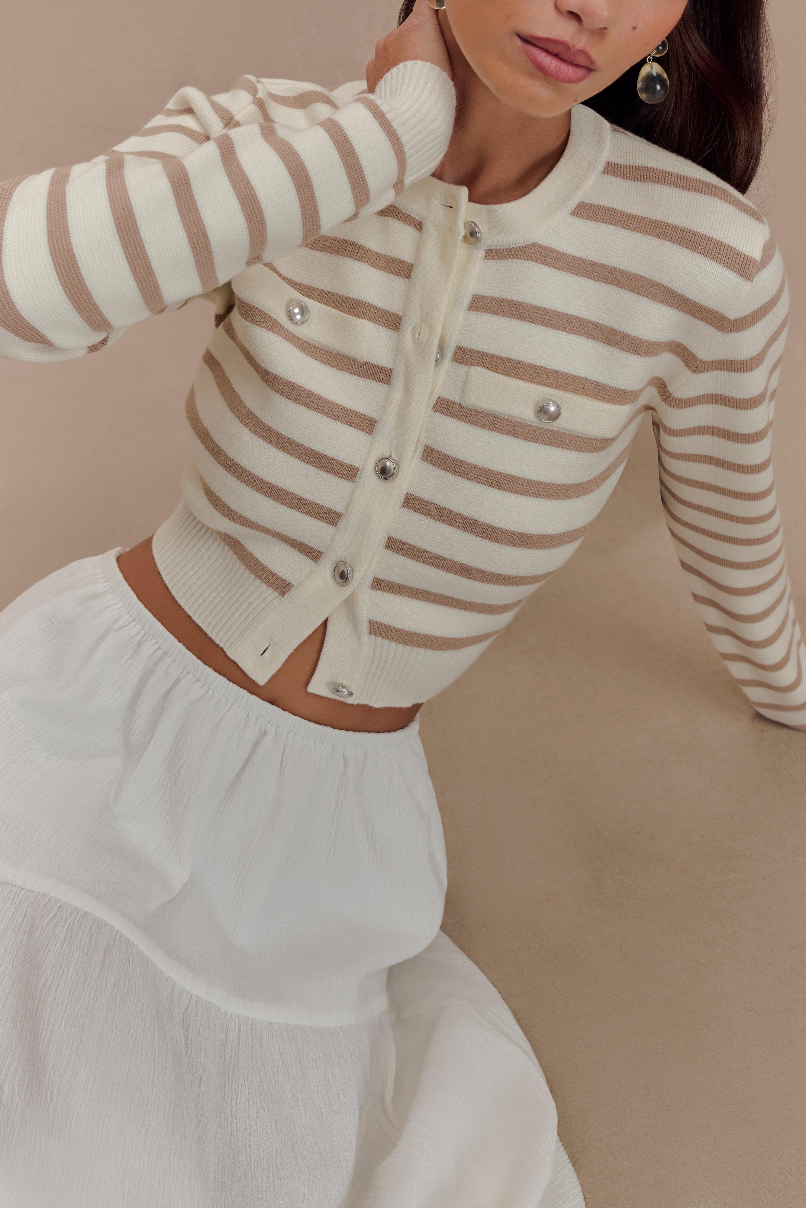 Tanner Striped Knit Cardigan in Nude/White – Chic&Drifts