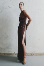 Violet Sleeveless Satin Maxi Dress in Dark Chocolate – Chic&Drifts