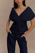 Rayne Off Shoulder Denim Top in Indigo Blue – Chic&Drifts