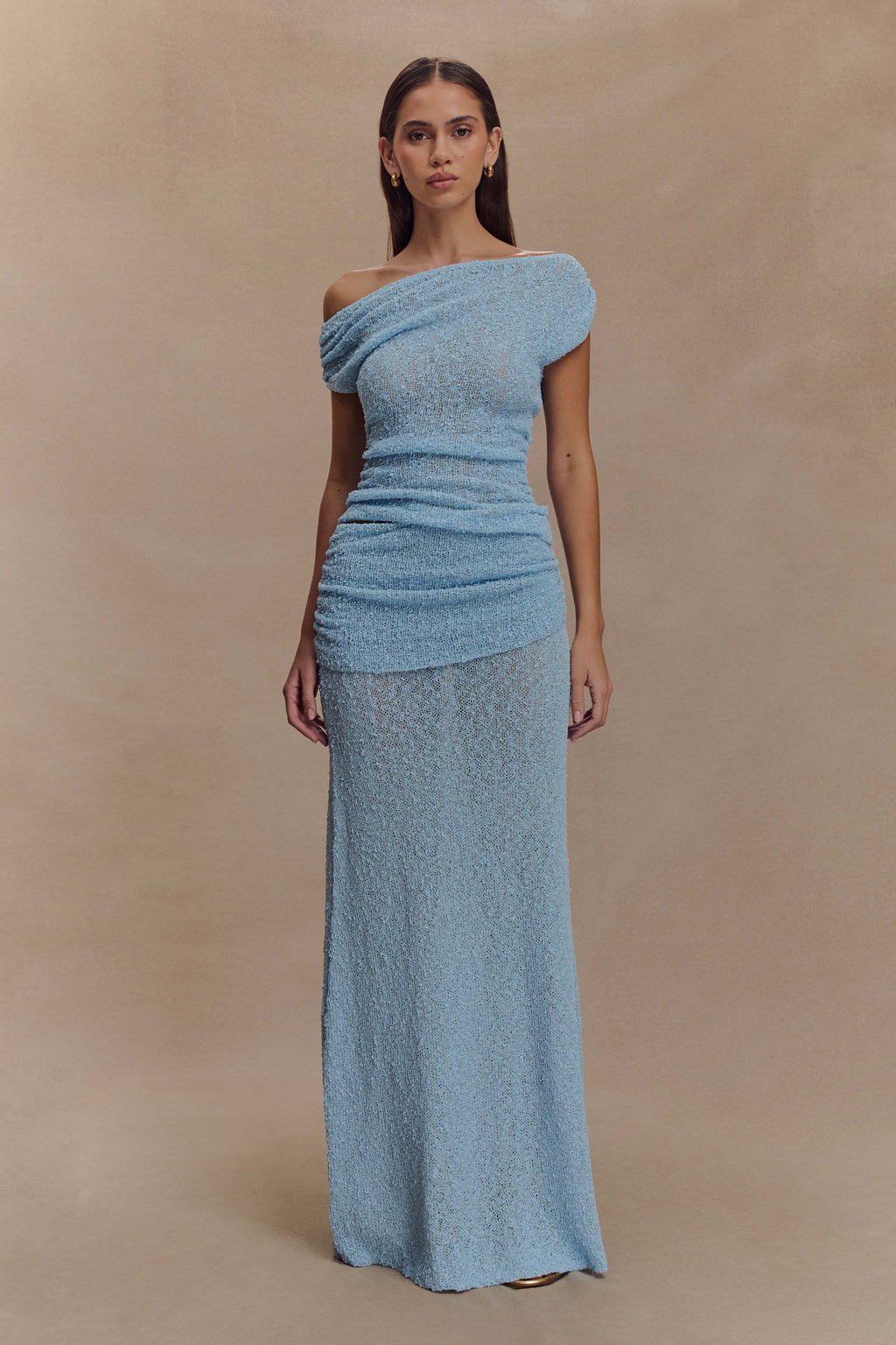 Petra Ruched Knit Maxi Skirt in Light Blue – Chic&Drifts