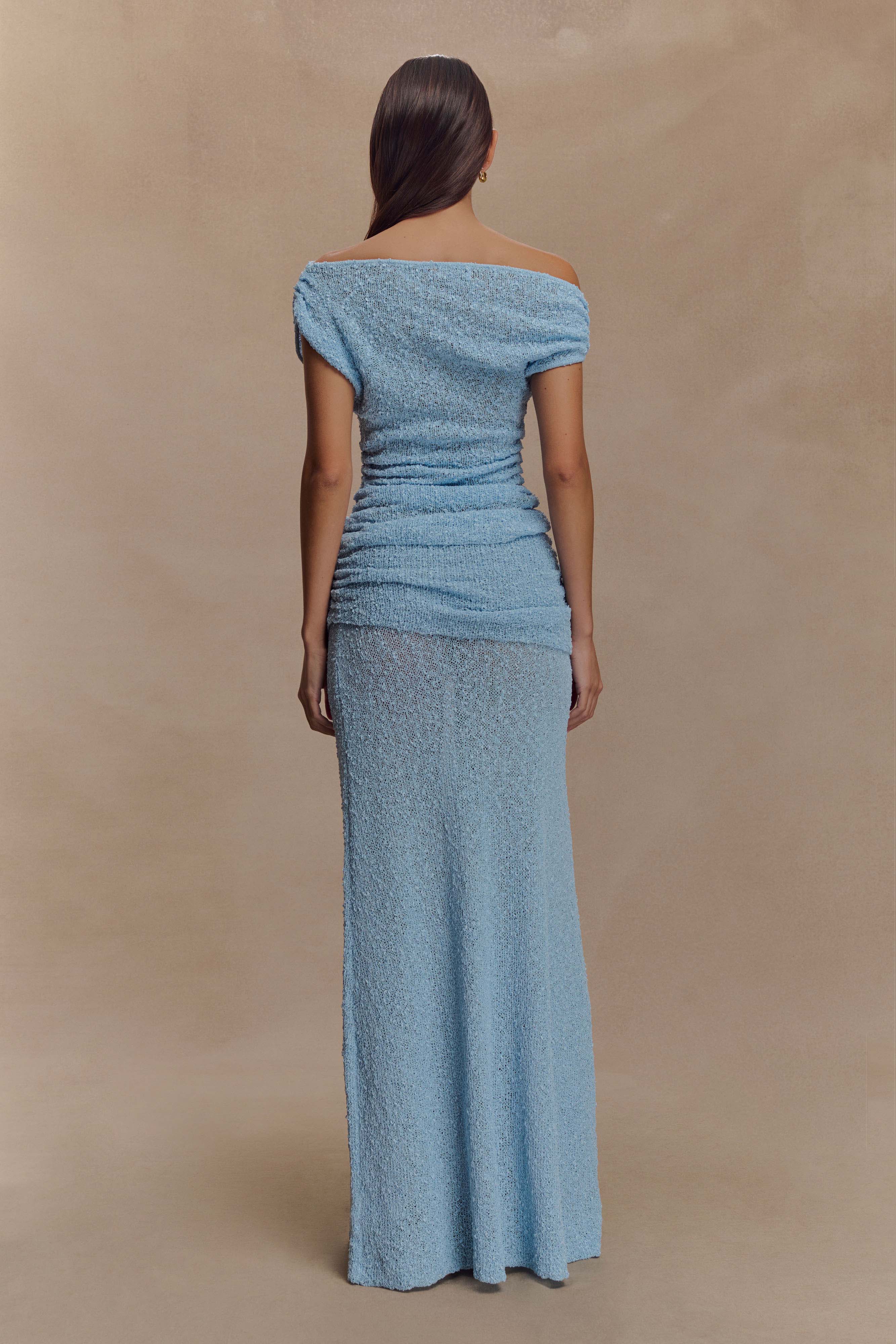Petra Ruched Knit Maxi Skirt in Light Blue – Chic&Drifts