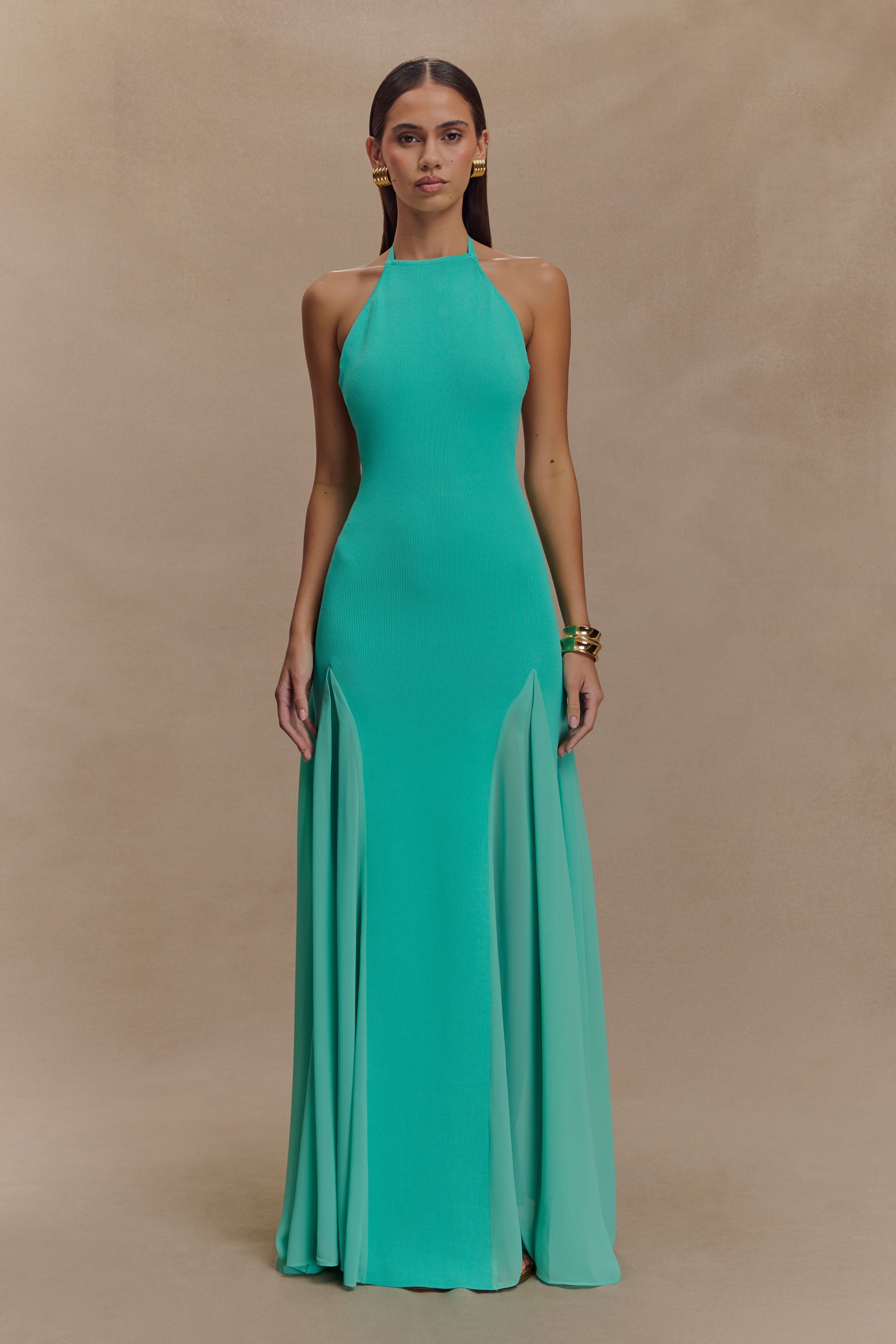 Soleil Knit And Mesh Halter Maxi Dress in Lagoon – Chic&Drifts