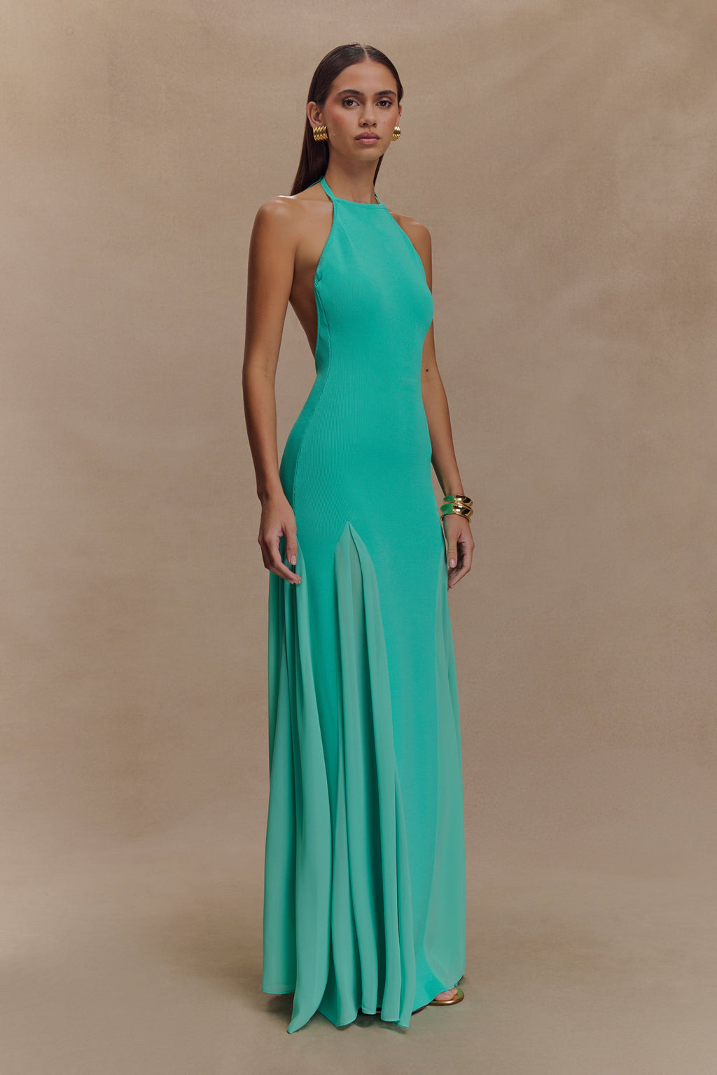 Soleil Knit And Mesh Halter Maxi Dress in Lagoon – Chic&Drifts
