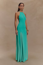 Soleil Knit And Mesh Halter Maxi Dress in Lagoon – Chic&Drifts